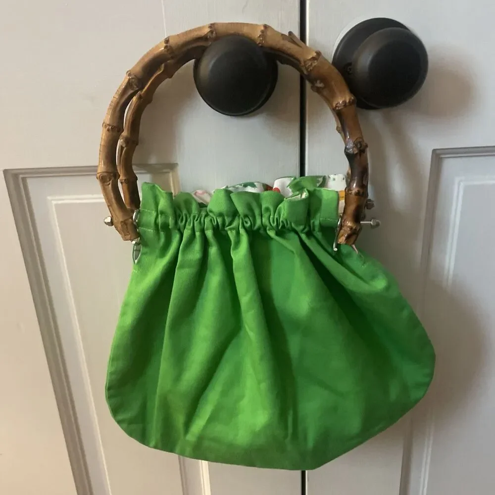 Vintage 70s Green Bamboo Handle Bag Strawberry Floral Lining Cottagecore Retro